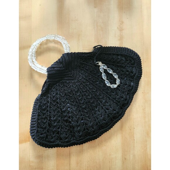 1930s 1940s Vintage Crochet Handbag: Lucite Handle Purse, Art Deco, Fan Shaped - Picture 9 of 11